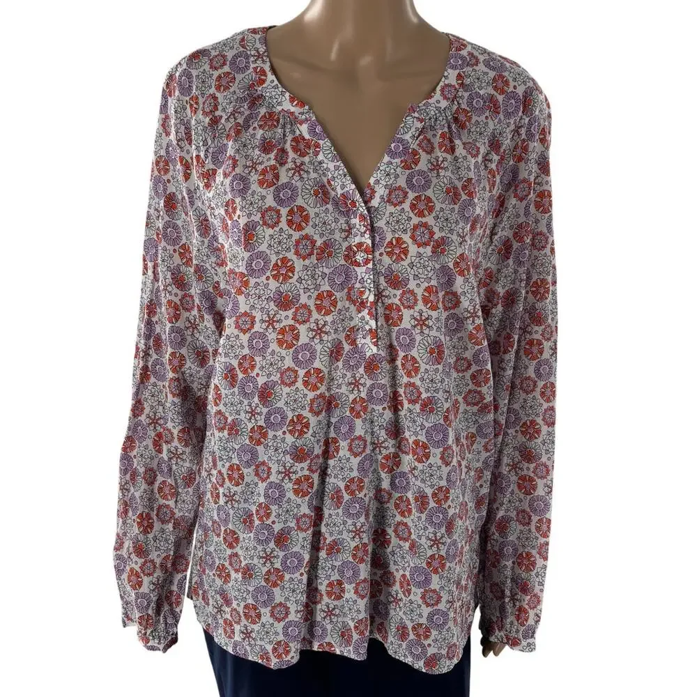 Boden Natural White Patricia Floral Red Purple Popover Long Sleeve Top